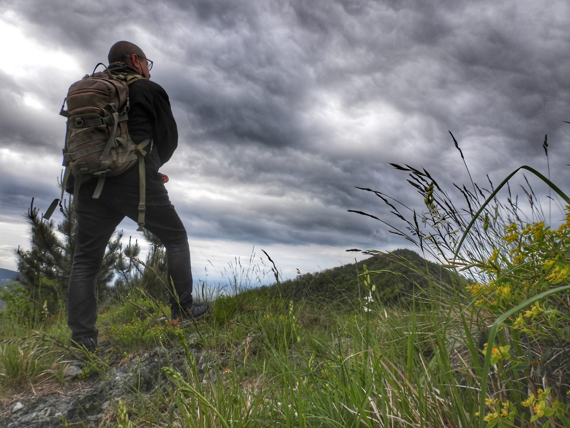 Person out in nature, a field against the sky