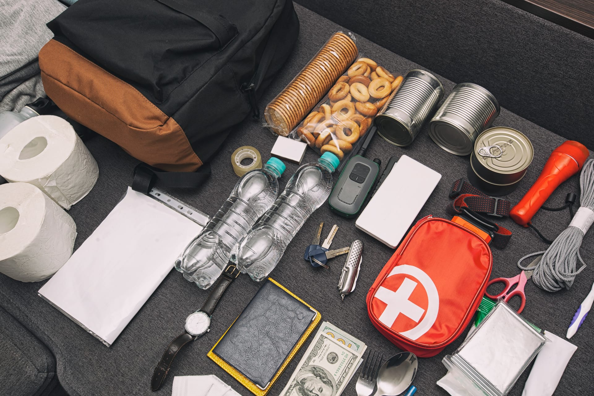 Emergency kit equipment laid out clearly on a table