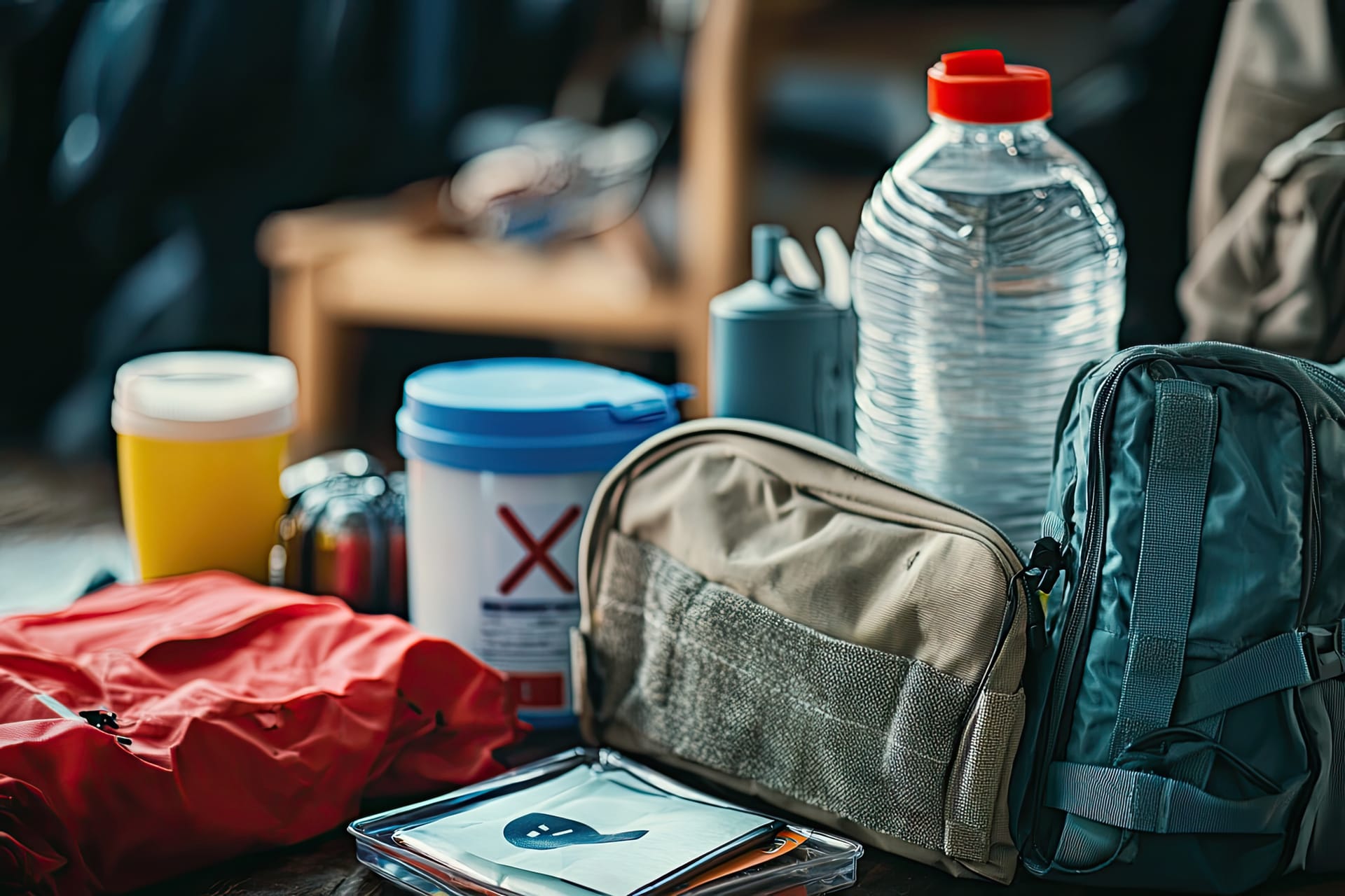 Survival-kit met essentiele items zoals waterfles en voedselcontainers