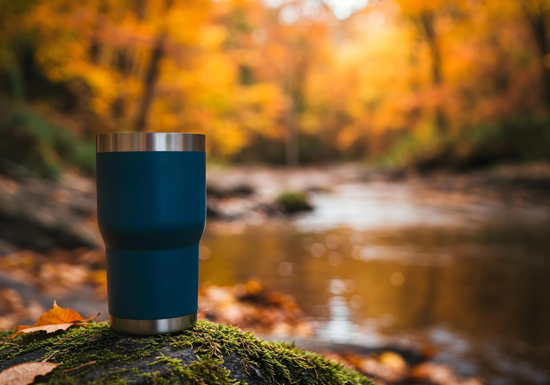 Insulated coffee mug on a mossy rock in an autumn forest
