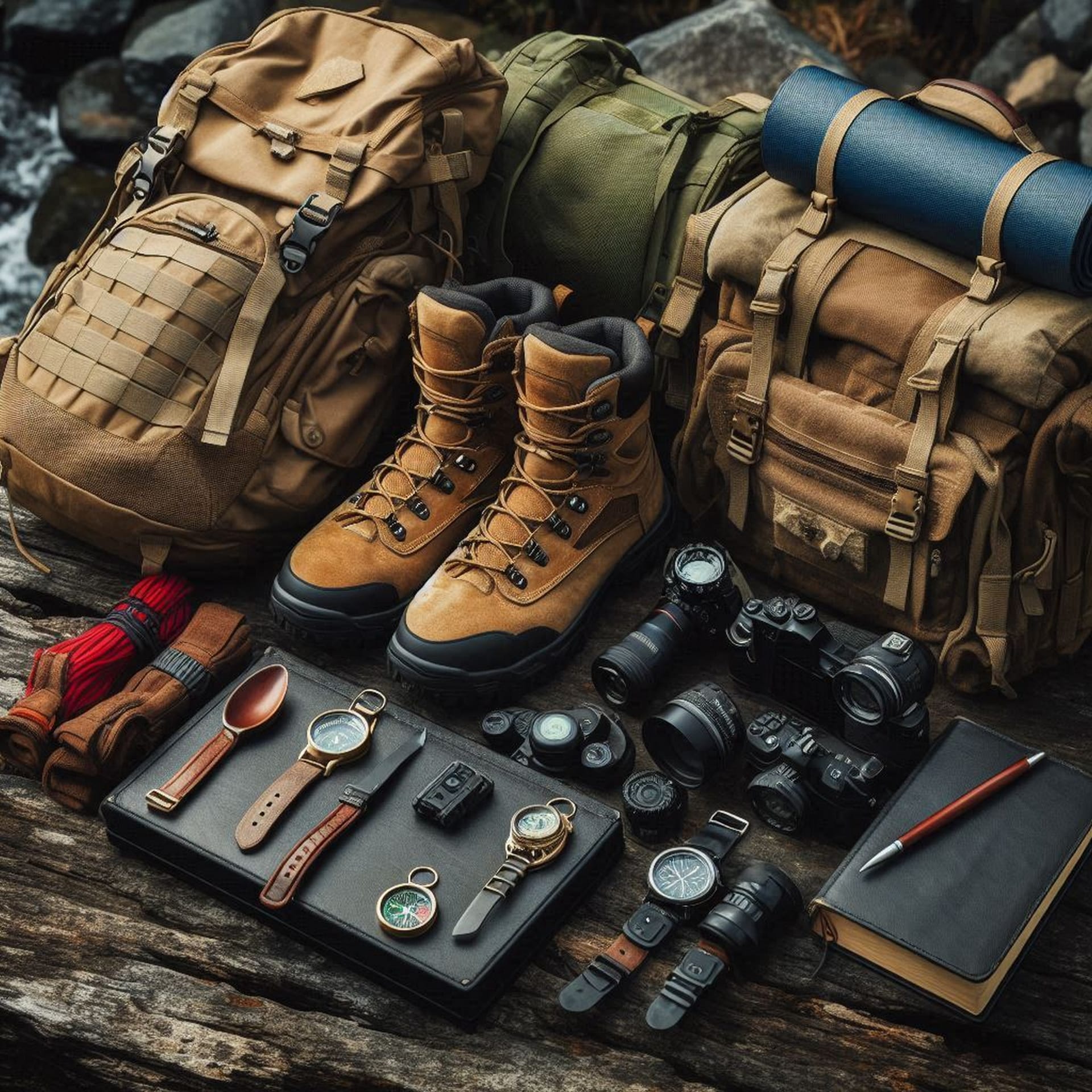 Outdoor- en tactical-rugzak naast elkaar met boots en kompas op rotsen