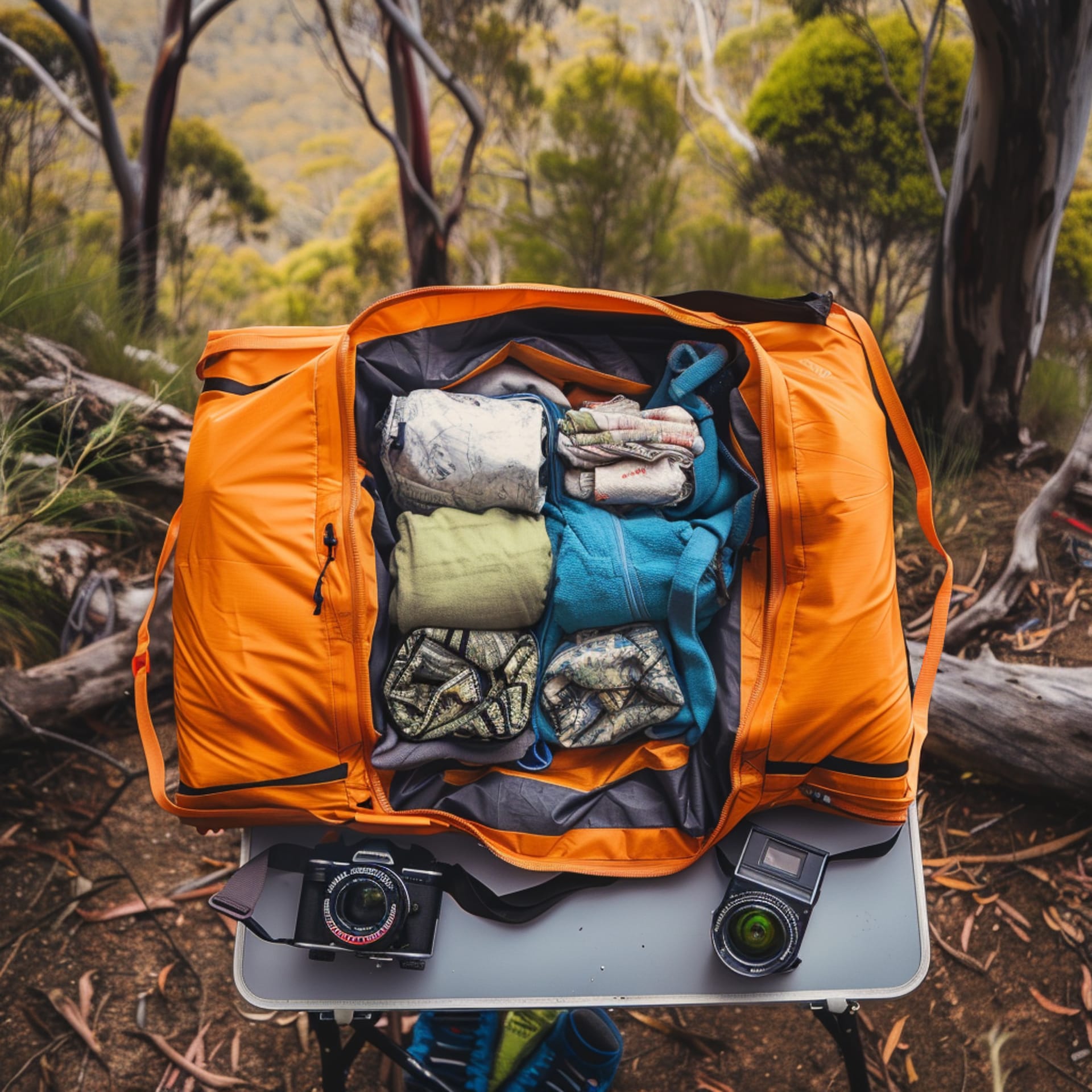 Reistas met netjes gevouwen kleding in pakvakken klaar voor een roadtrip